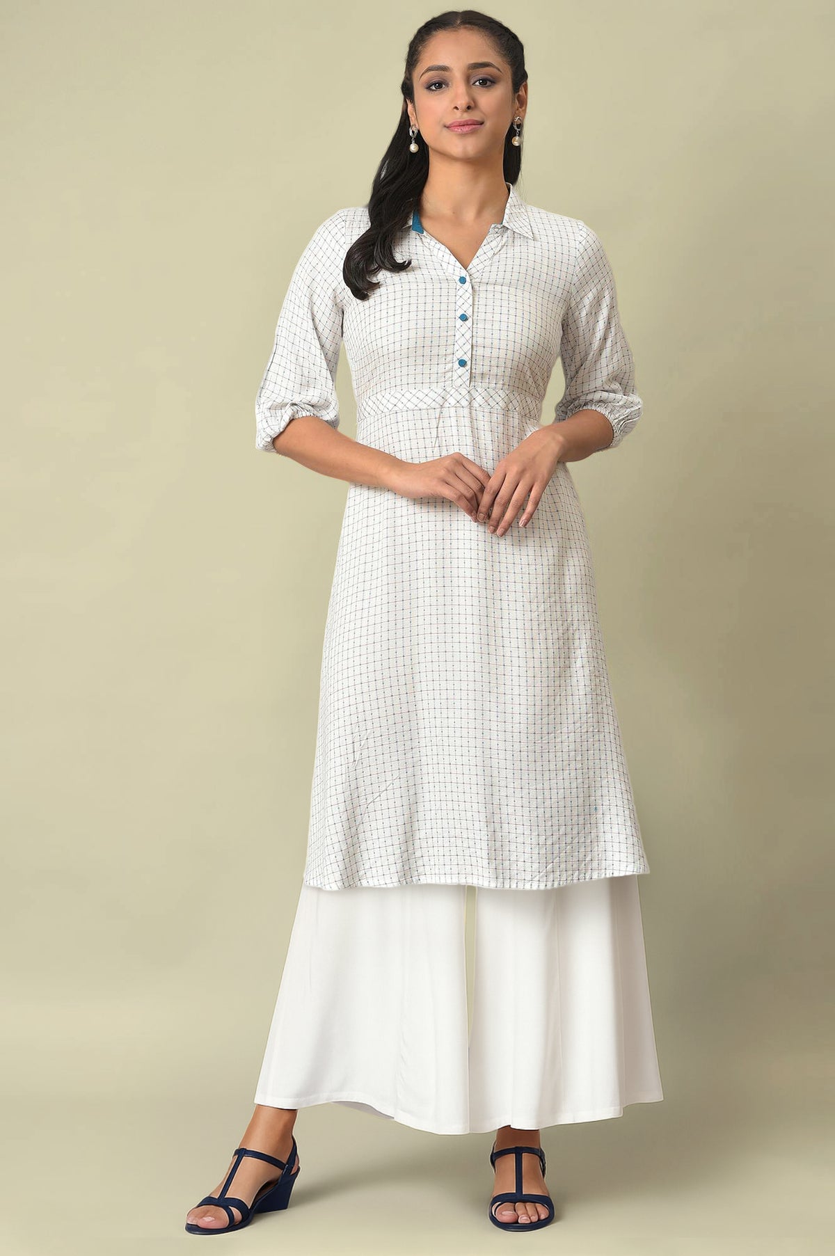 White Geometric Printed Rayon A-Line Dress and Palazzo Set - XS