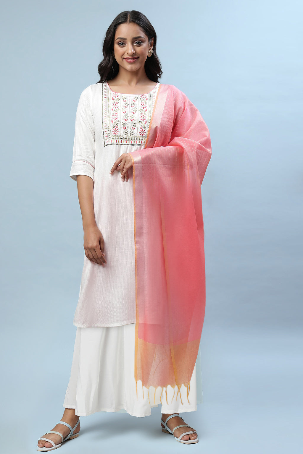 White Zari Embroidery Straight Kurta and Palazzo Set - XS