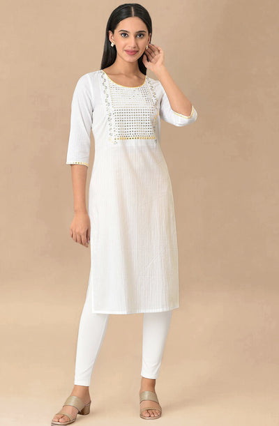 White Dori Embroidered & Sequins Cotton Blend Straight Kurta and Tight Set