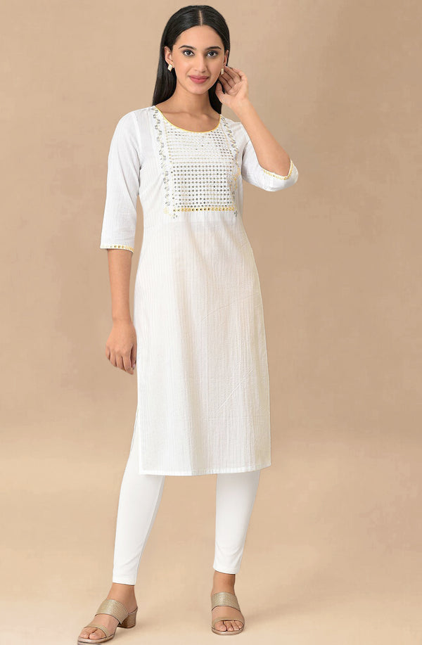 White Dori Embroidered & Sequins Cotton Blend Straight Kurta and Tight Set