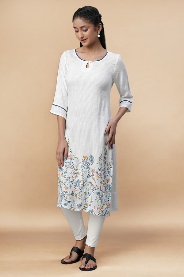 White Floral Printed Straight Kurta and Tight Set