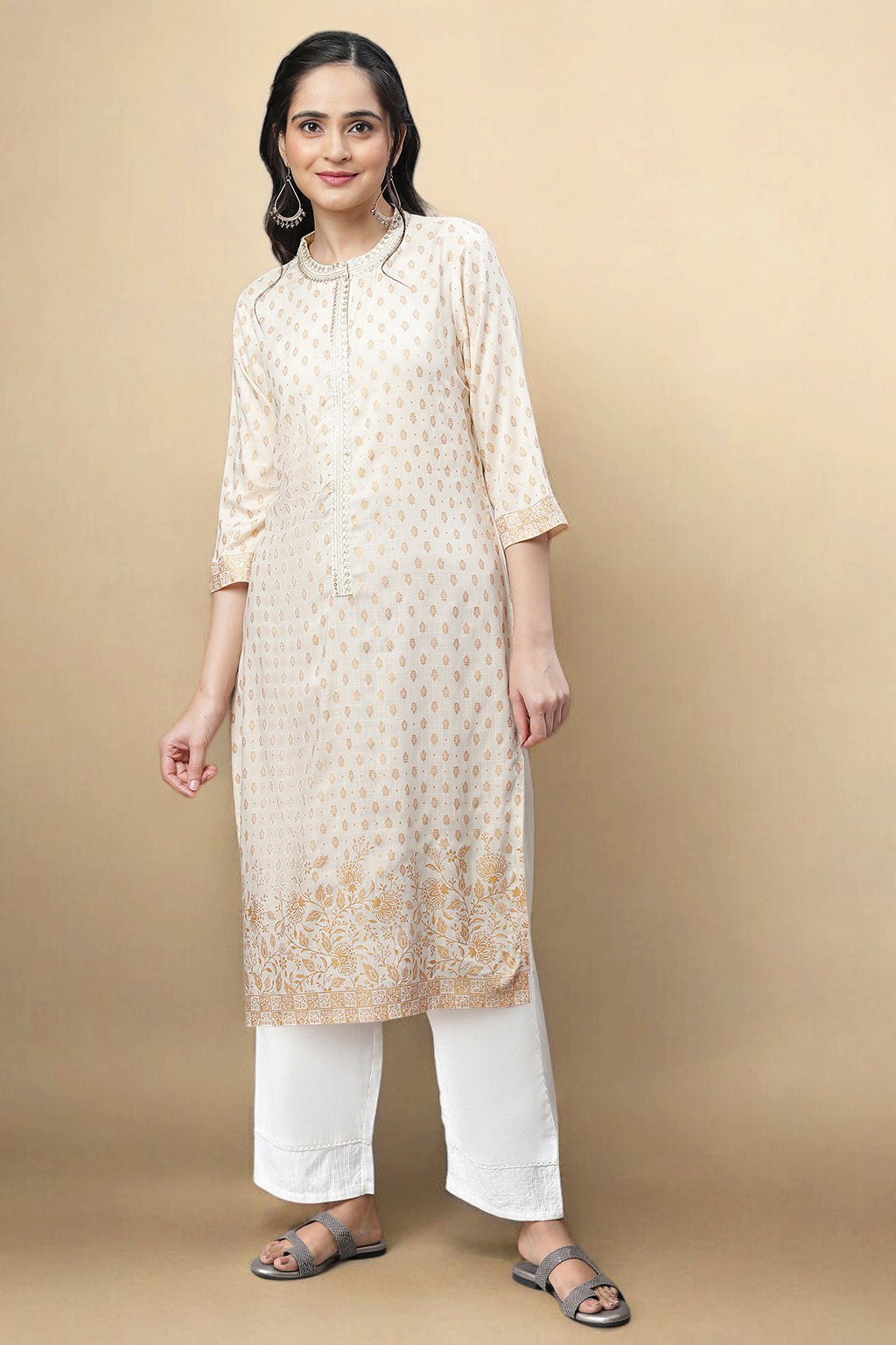 White Zari Embroidered and Sequins Straight Kurta and Palazzo Set - XS