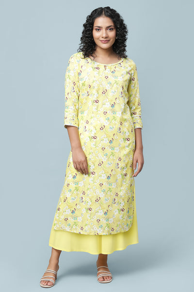 Yellow Floral Printed Straight Kurta and Culotte Set