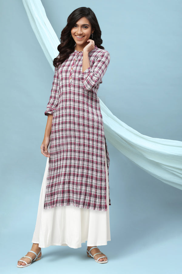 White Checkered Cotton Lycra Straight Kurta and Palazzo Set
