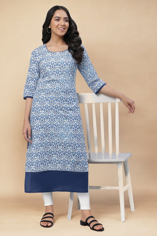 White Floral Printed Pure Cotton Straight Kurta and Tight Set