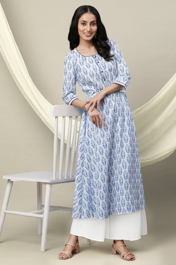 White Floral Printed Pure Cotton Flared Kurta and Palazzo Set