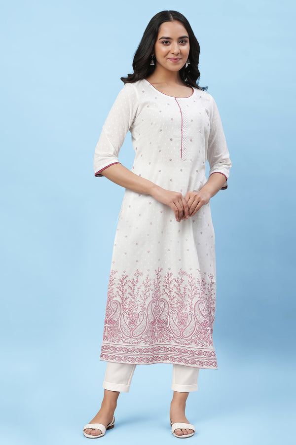 White Floral Printed Cotton Swiss Dot Straight Kurta and Trouser Set