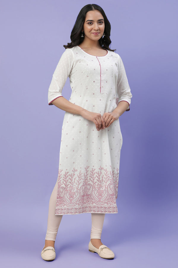White Floral Printed Cotton Swiss Dot Straight Kurta with Churidar Set