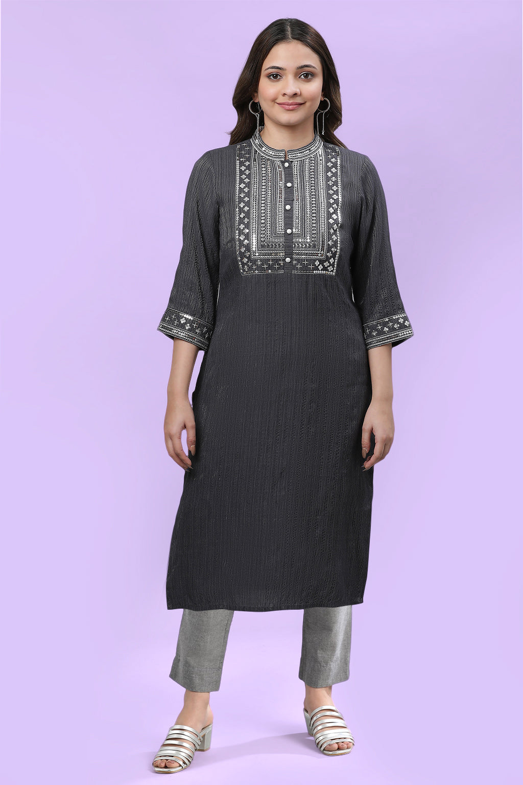 Grey Sequins Embellished Straight Kurta and Trouser Set - XS
