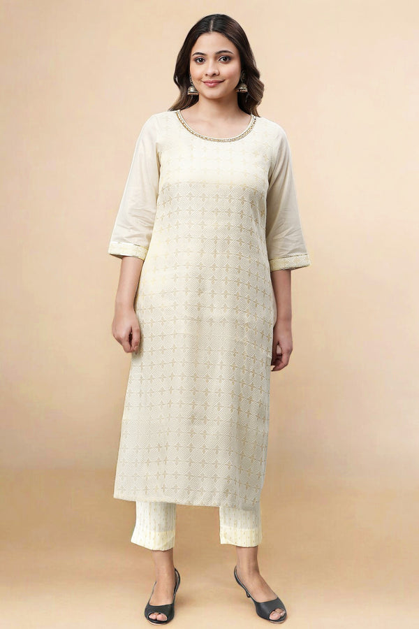 Off White Beads Cotton Blend Straight Kurta and Trouser Set