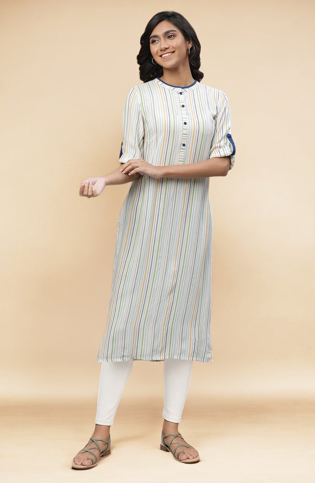White Stripe Crepe Blend Straight Kurta and Tight Set - XS