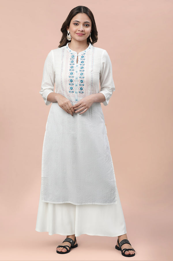 White Solid Thread Work Cotton Blend Straight Kurta and Palazzo Set