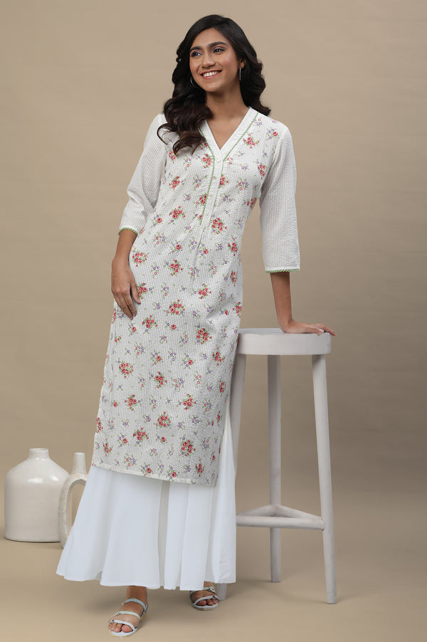 White Floral Printed Cotton Blend Straight Kurta and Palazzo Set