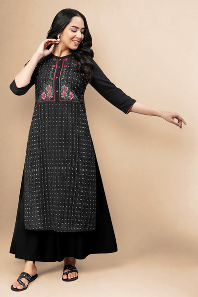 Black Floral Printed Seer Sucker Straight Kurta and Palazzo Set