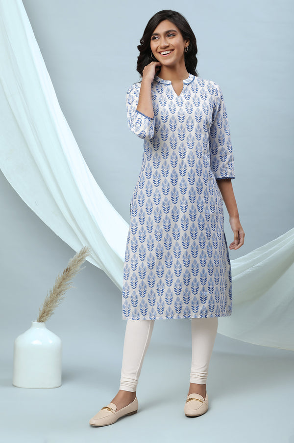 White Floral Printed Lace Pure Cotton Straight Kurta and Churidar Set