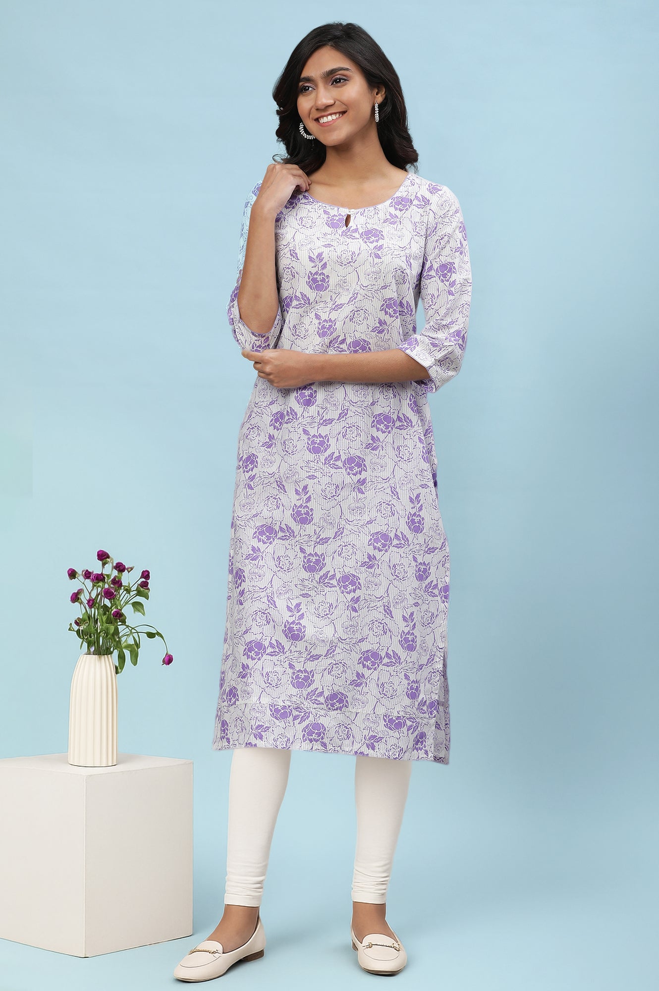 White Floral Printed Pure Cotton Straight Kurta and Churidar