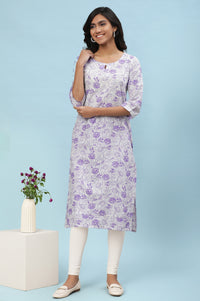 White Floral Printed Pure Cotton Straight Kurta and Churidar