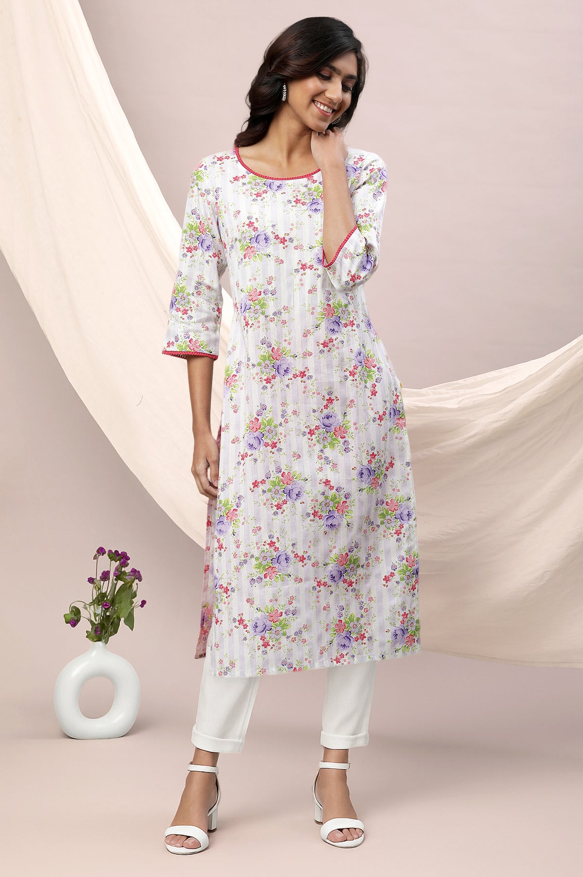 White Floral Printed Lace Pure Cotton Straight Kurta and Trouser Set - XS