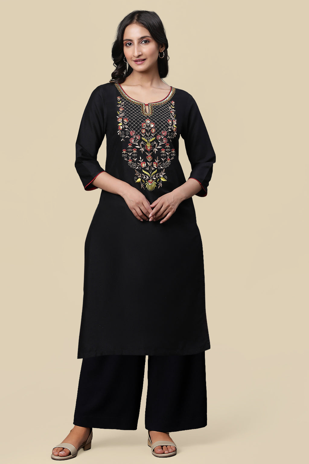 Black Zari Embroidery with Sequins Straight Kurta and Palazzo Set - XS