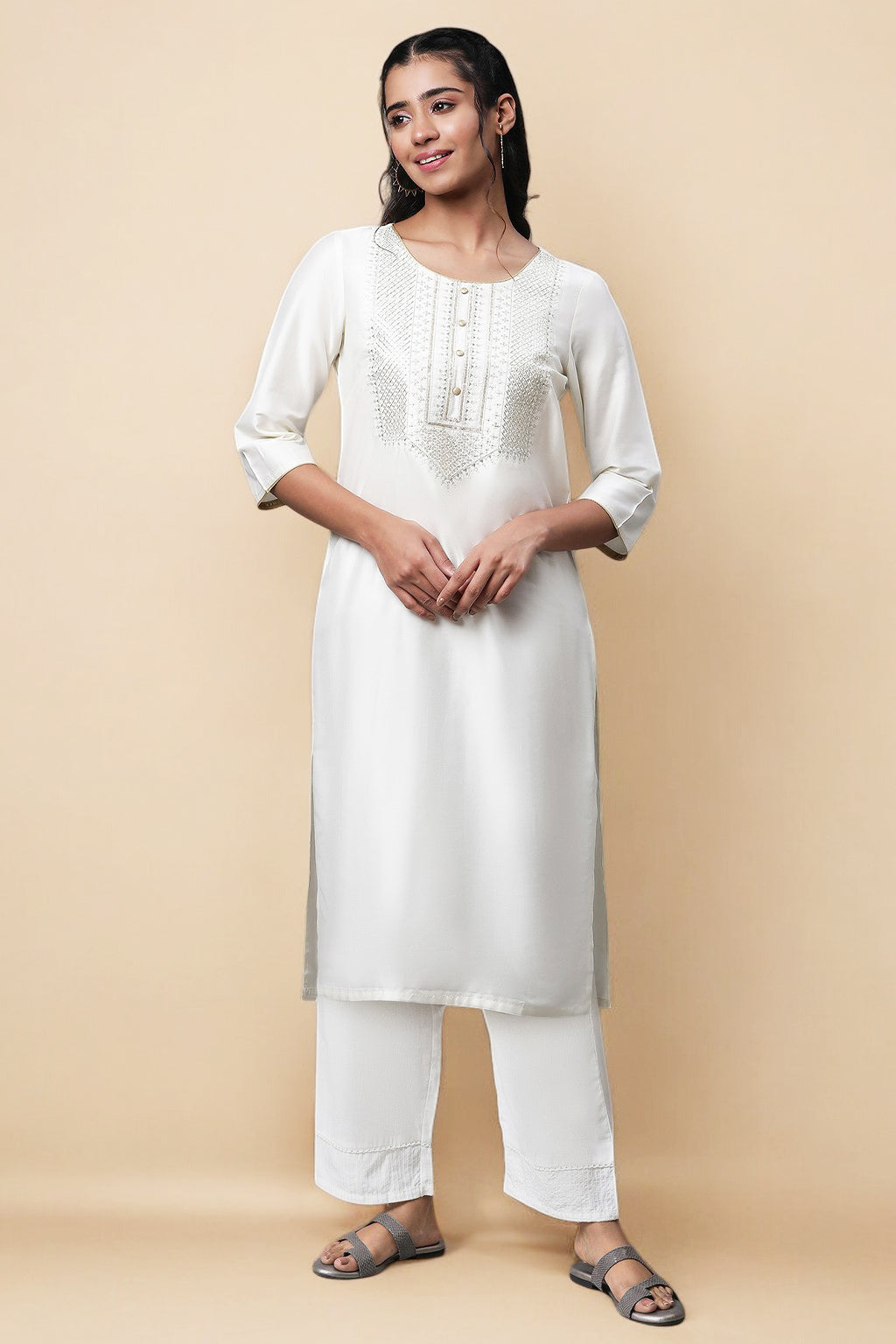 White Zari Embroidery with Sequins Straight Kurta and Palazzo Set - XS