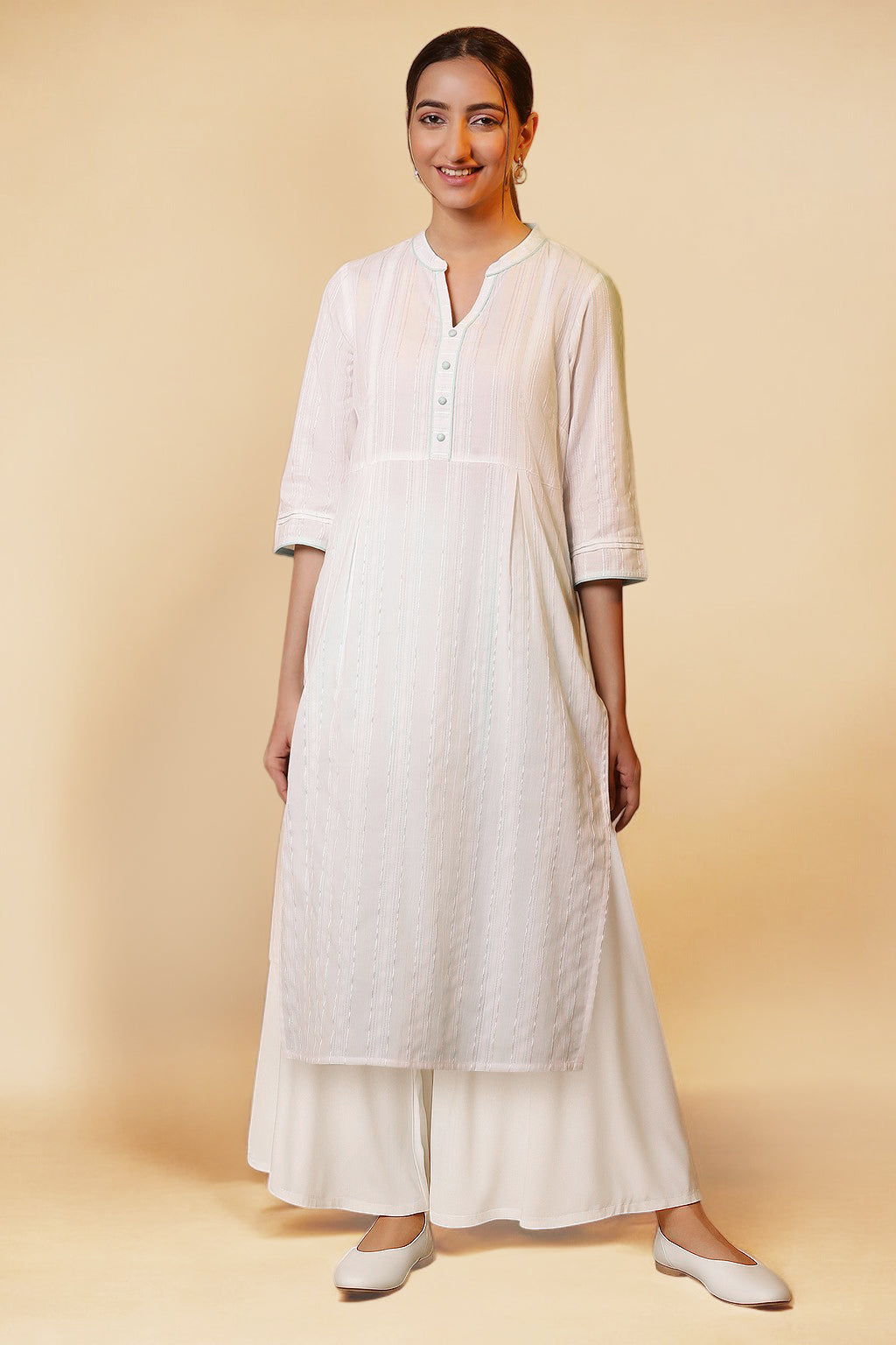 White Lace Cotton Blend Straight Kurta and Palazzo Set - XS