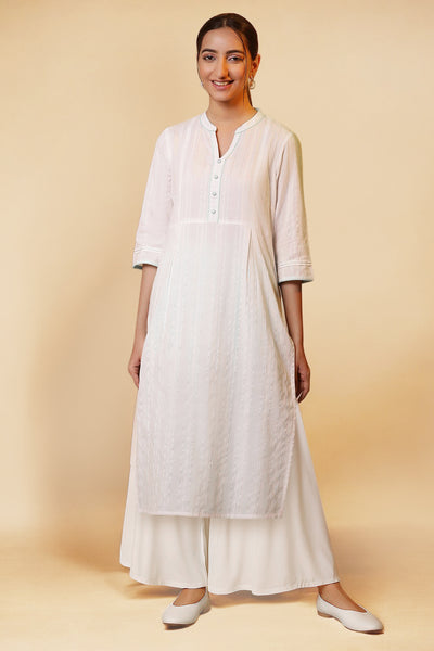 White Lace Cotton Blend Straight Kurta and Palazzo Set