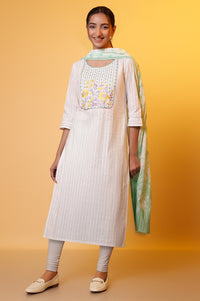 White Floral Printed Pure Cotton Straight Kurta with Churidar Set