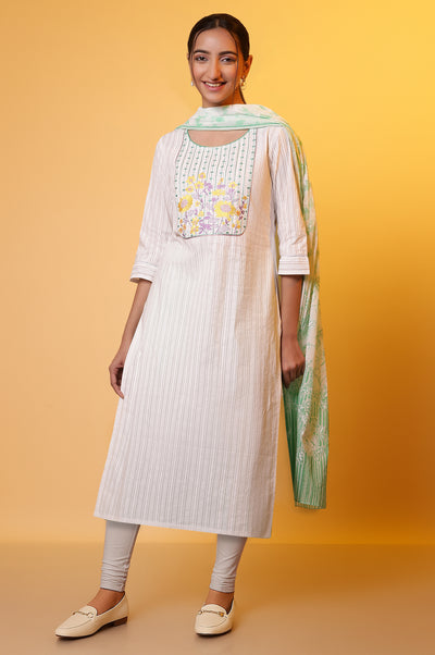White Floral Printed Pure Cotton Straight Kurta with Churidar Set