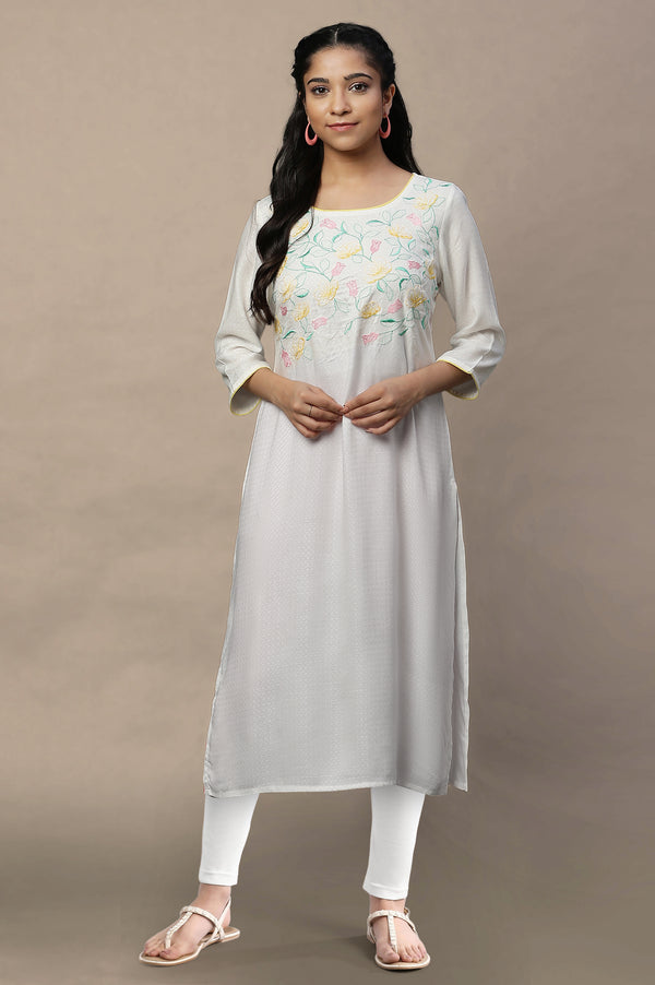 White Thread Work Straight Kurta and Tight Set