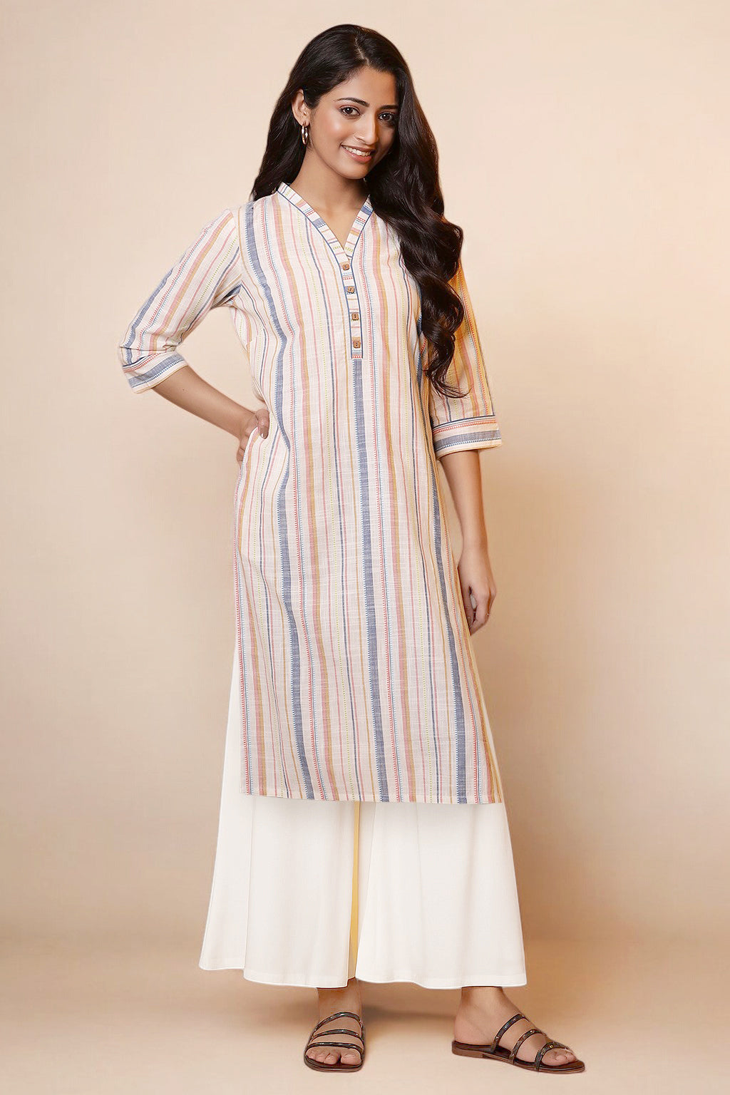 Off White Stripe Pure Cotton Straight Kurta and Palazzo Set