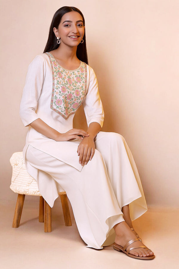 White Metallic Embroidery Straight Kurta and Palazzo Set