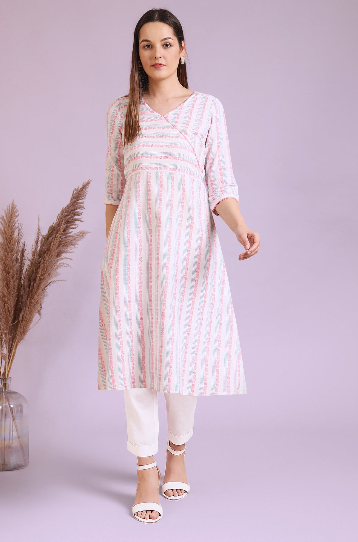 White Striped Pure Cotton A-Line Kurta and Trouser Set - XS