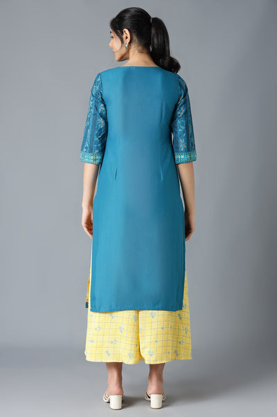 Blue and Yellow Printed Straight Kurta and Culottes Set