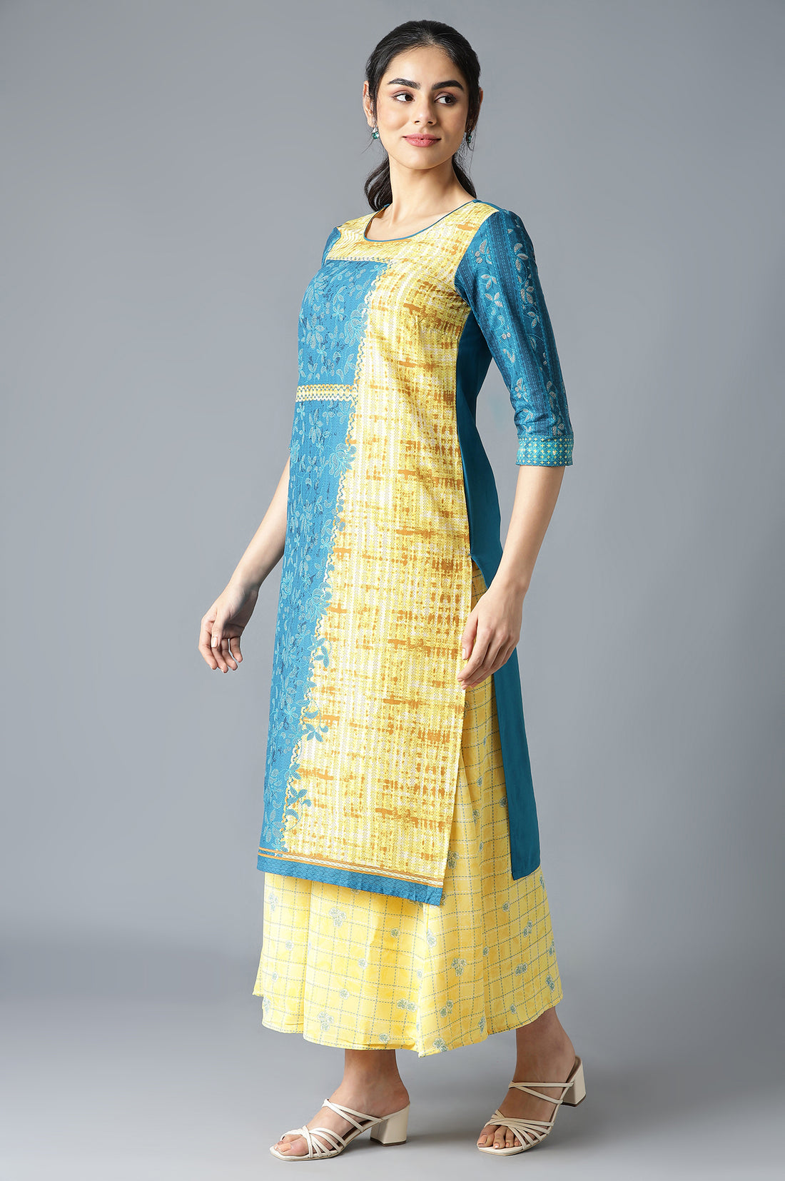 Blue and Yellow Printed Straight Kurta and Culottes Set
