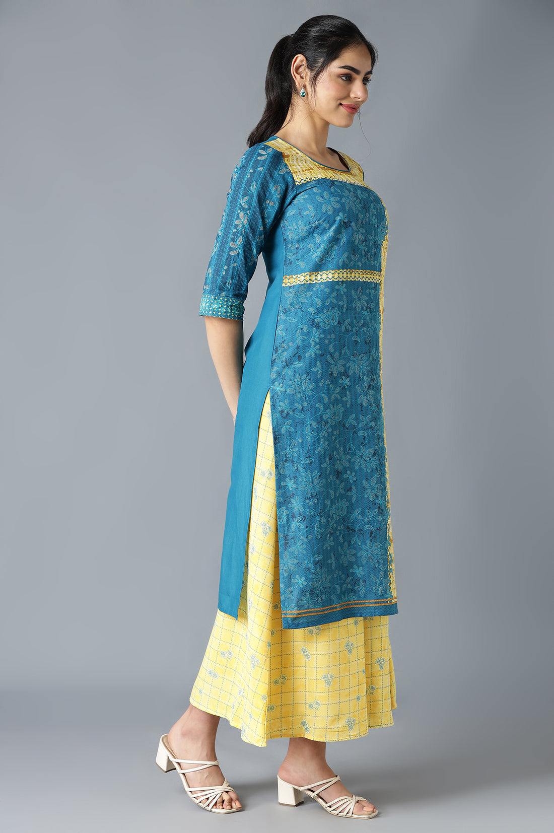 Blue and Yellow Printed Straight Kurta and Culottes Set