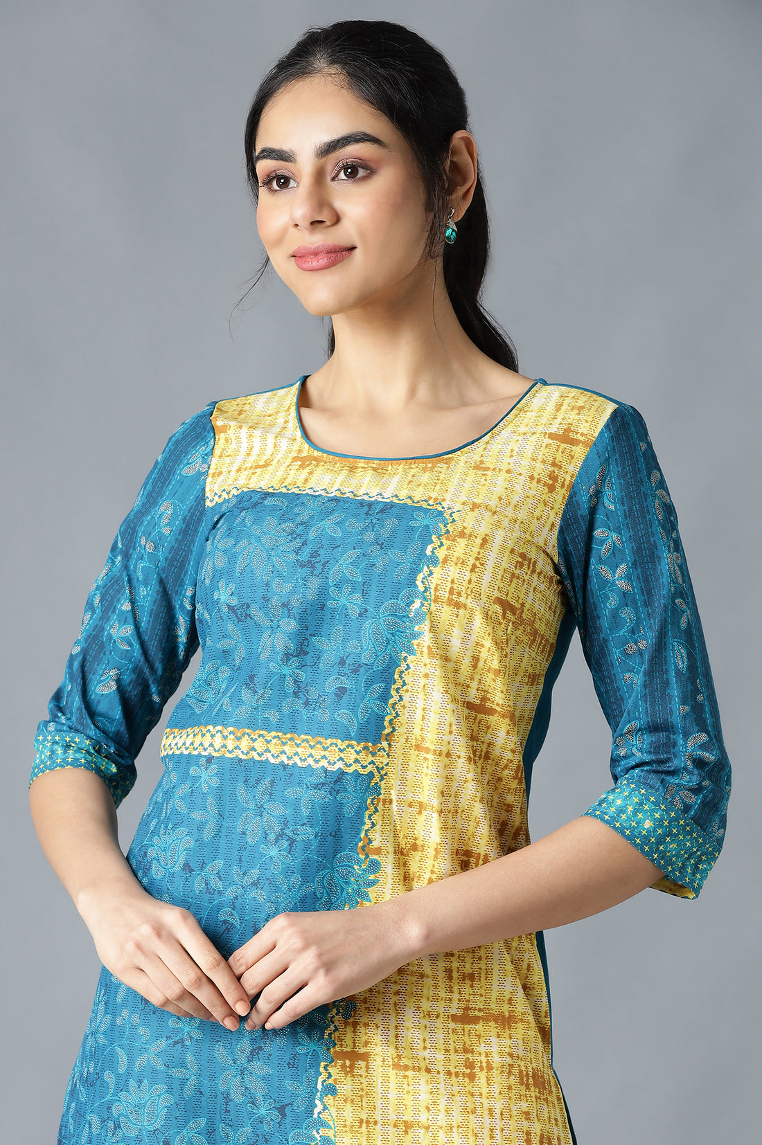 Blue and Yellow Printed Straight Kurta and Culottes Set