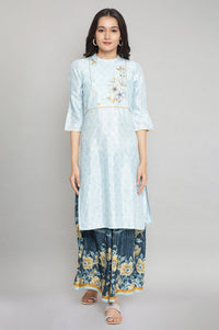 Light Blue Printed Embroidered Straight Kurta and Culottes Set