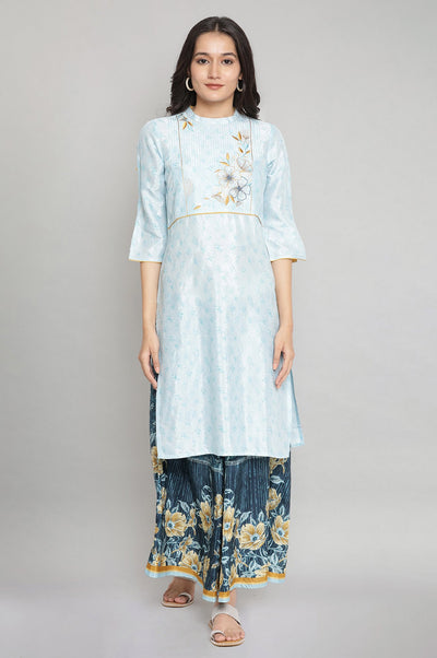 Light Blue Printed Embroidered Straight Kurta and Culottes Set