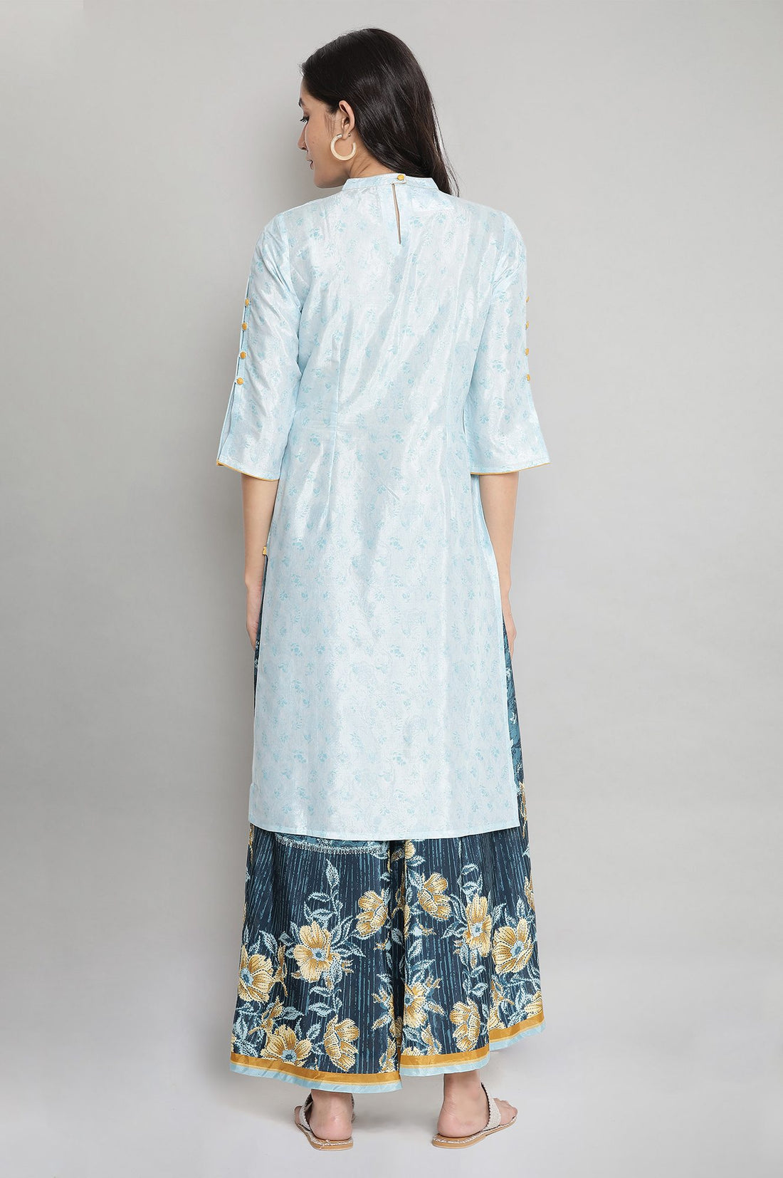 Light Blue Printed Embroidered Straight Kurta and Culottes Set