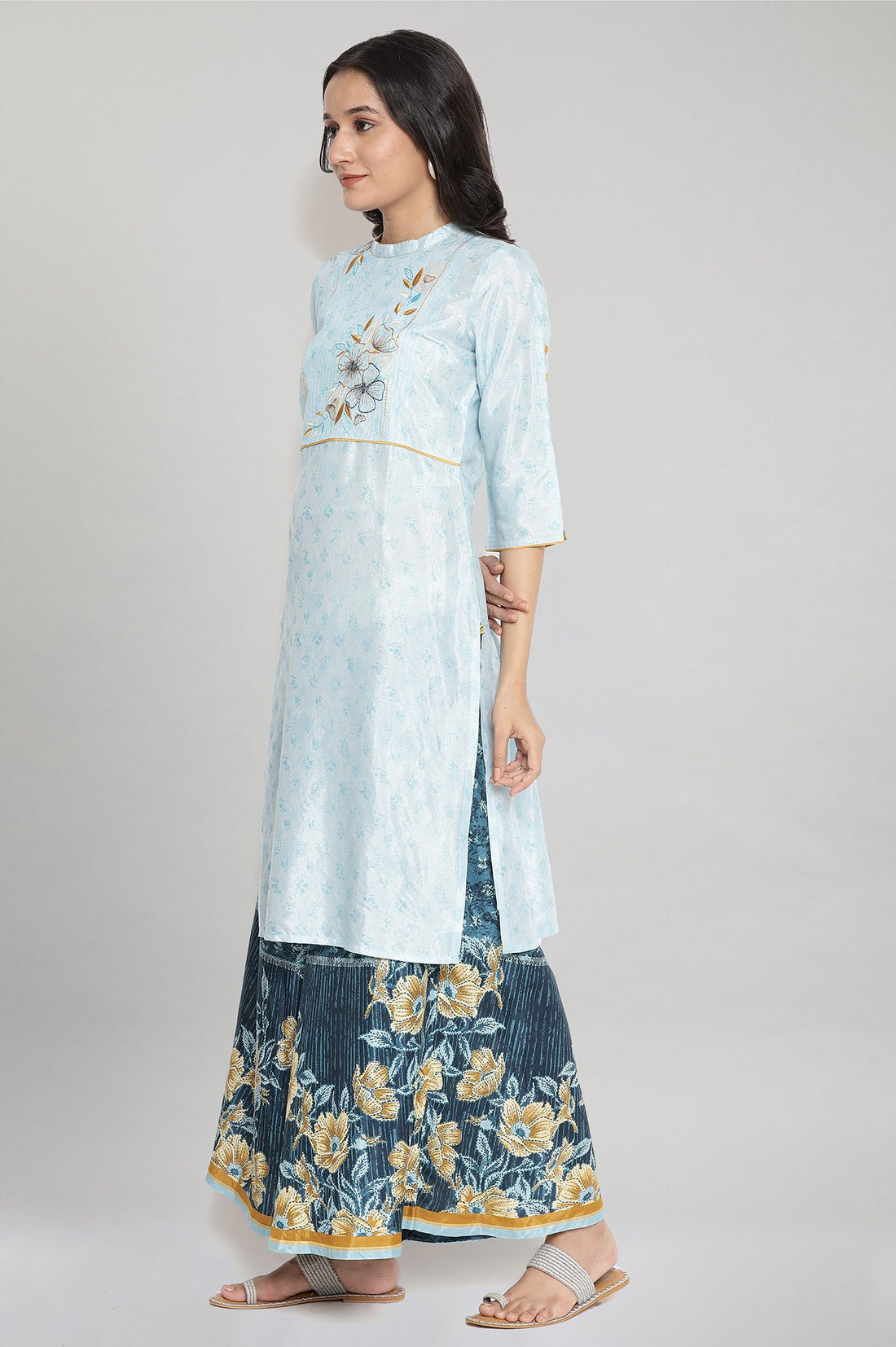 Light Blue Printed Embroidered Straight Kurta and Culottes Set