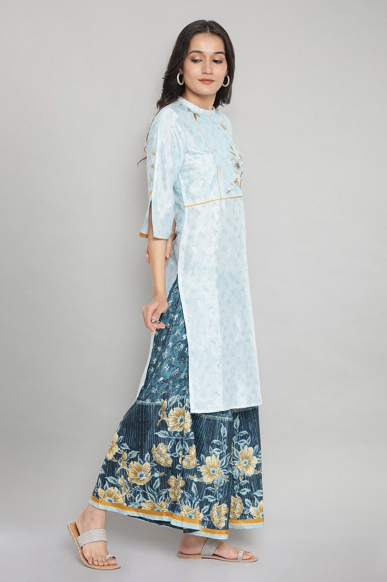 Light Blue Printed Embroidered Straight Kurta and Culottes Set