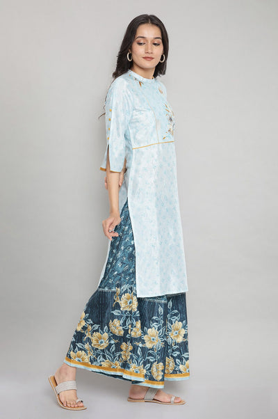 Light Blue Printed Embroidered Straight Kurta and Culottes Set