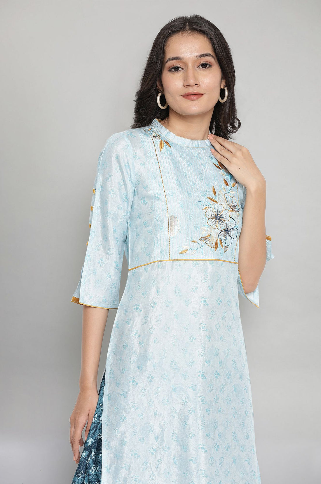 Light Blue Printed Embroidered Straight Kurta and Culottes Set