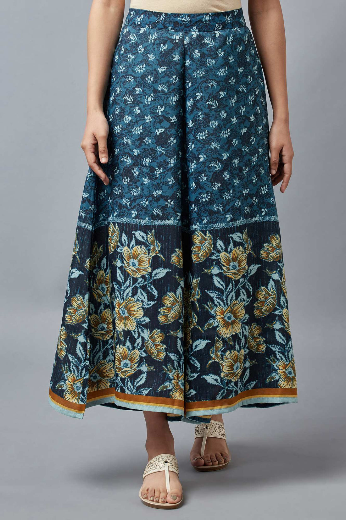 Light Blue Printed Embroidered Straight Kurta and Culottes Set