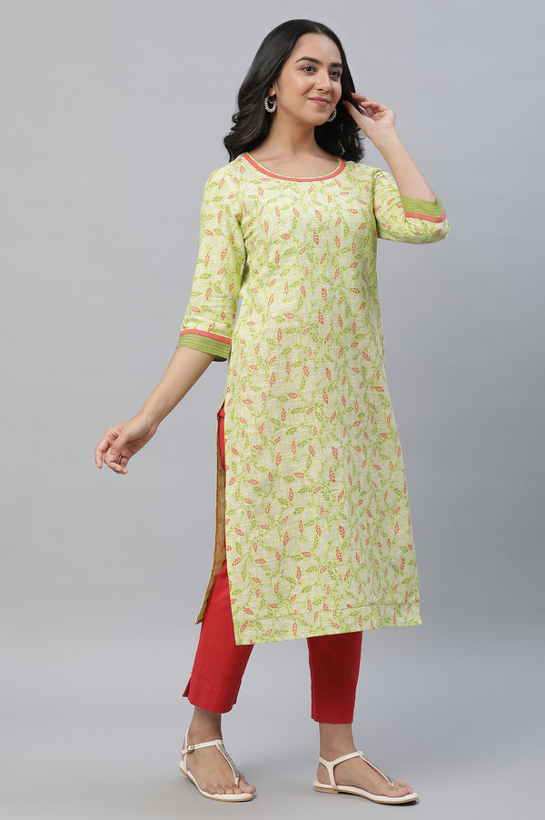 Green Leaf Printed Pure Cotton Straight Kurta and Trouser Set