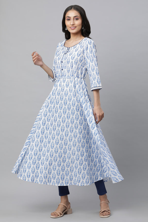 White and Blue Printed Pure Cotton Anarkali Kurta and Leggings Set
