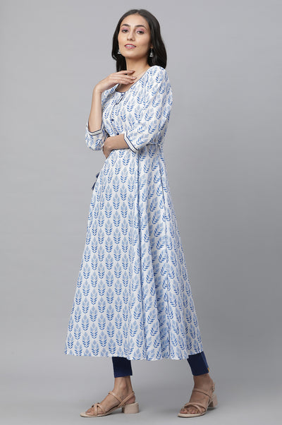 White and Blue Printed Pure Cotton Anarkali Kurta and Leggings Set