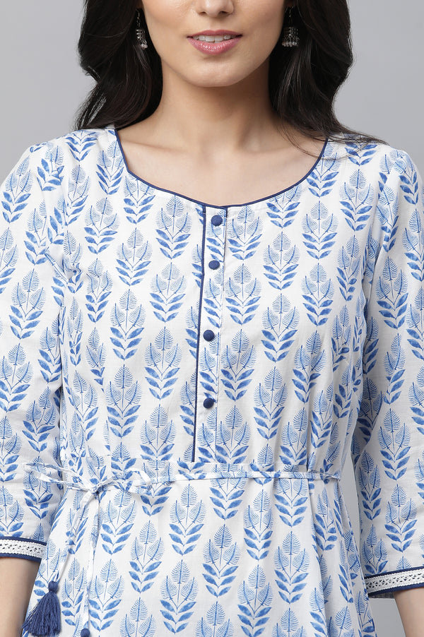 White and Blue Printed Pure Cotton Anarkali Kurta and Leggings Set