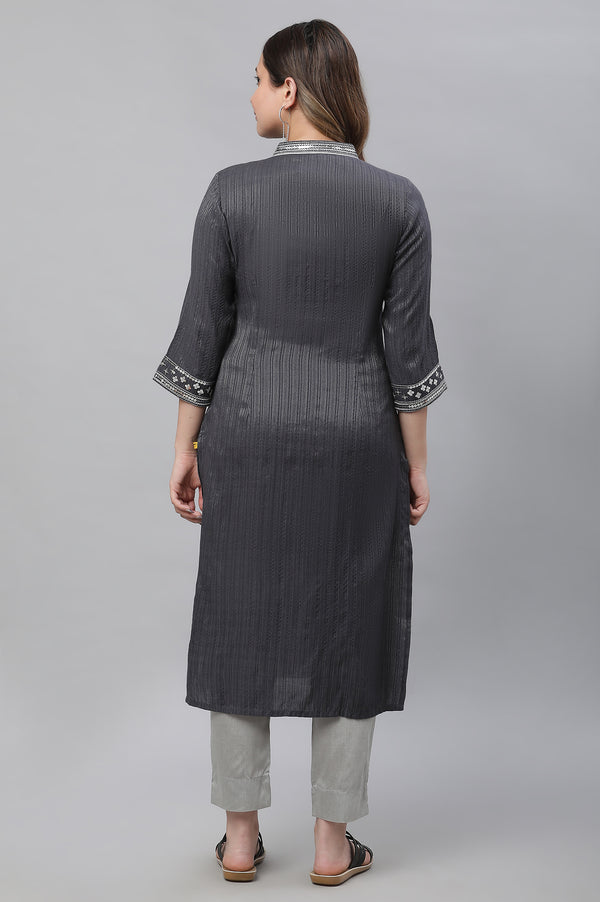 Grey Embroidered Lurex Striped Straight Kurta and Trouser Set