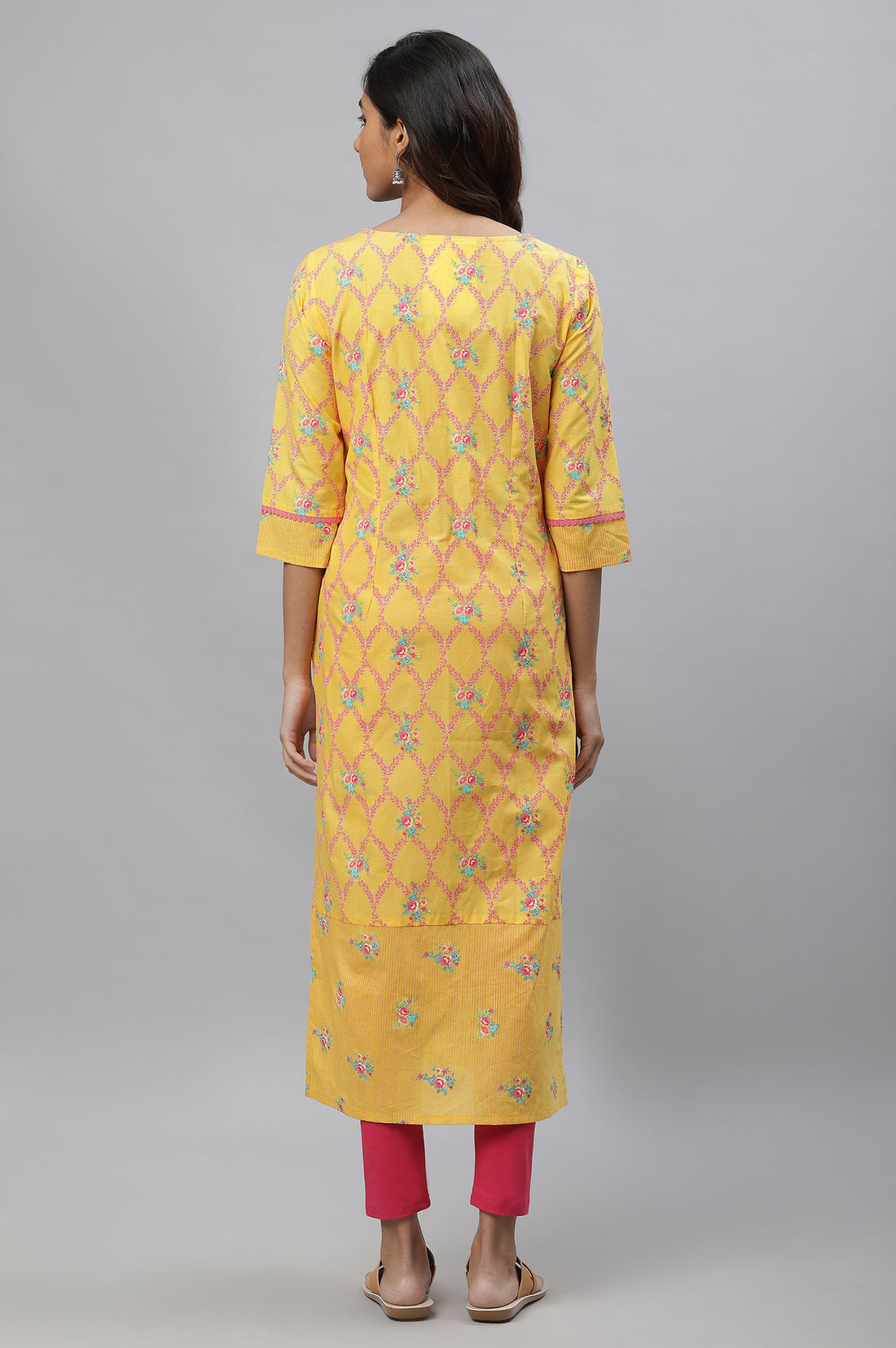 Yellow Floral Printed Pure Cotton Straight Kurta and Leggings Set